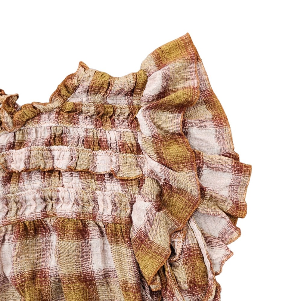 Free People Blush Plaid Smocked Ruffle Top Sz S NWT Boho Cottagecore - Picture 4 of 11